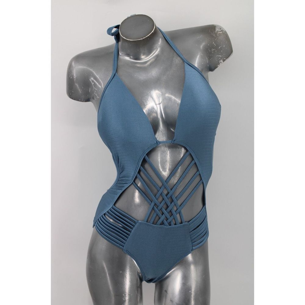 HEAT SHINY BLUE ONE PIECE M STRAPPY SWIMSUIT WOMENS OPEN BACK